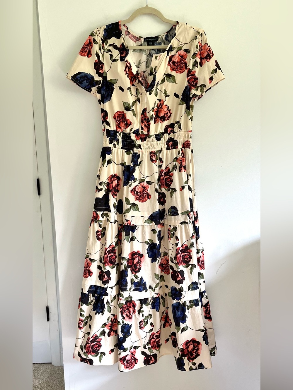 Cynthia Rowley Cream Floral Smocked Tiered Cotton Maxi Dress Short Sleeve Summer
